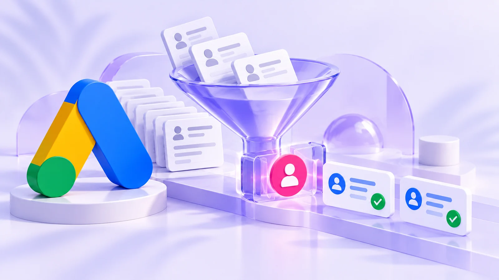 Symbole Google Ads et entonnoir reliant leads et opportunités qualifiées dans le CRM