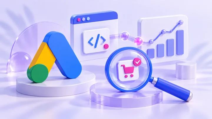 رمز Google Ads وعدسة تفحص انتقال تحويل إلى أداة التحليلات