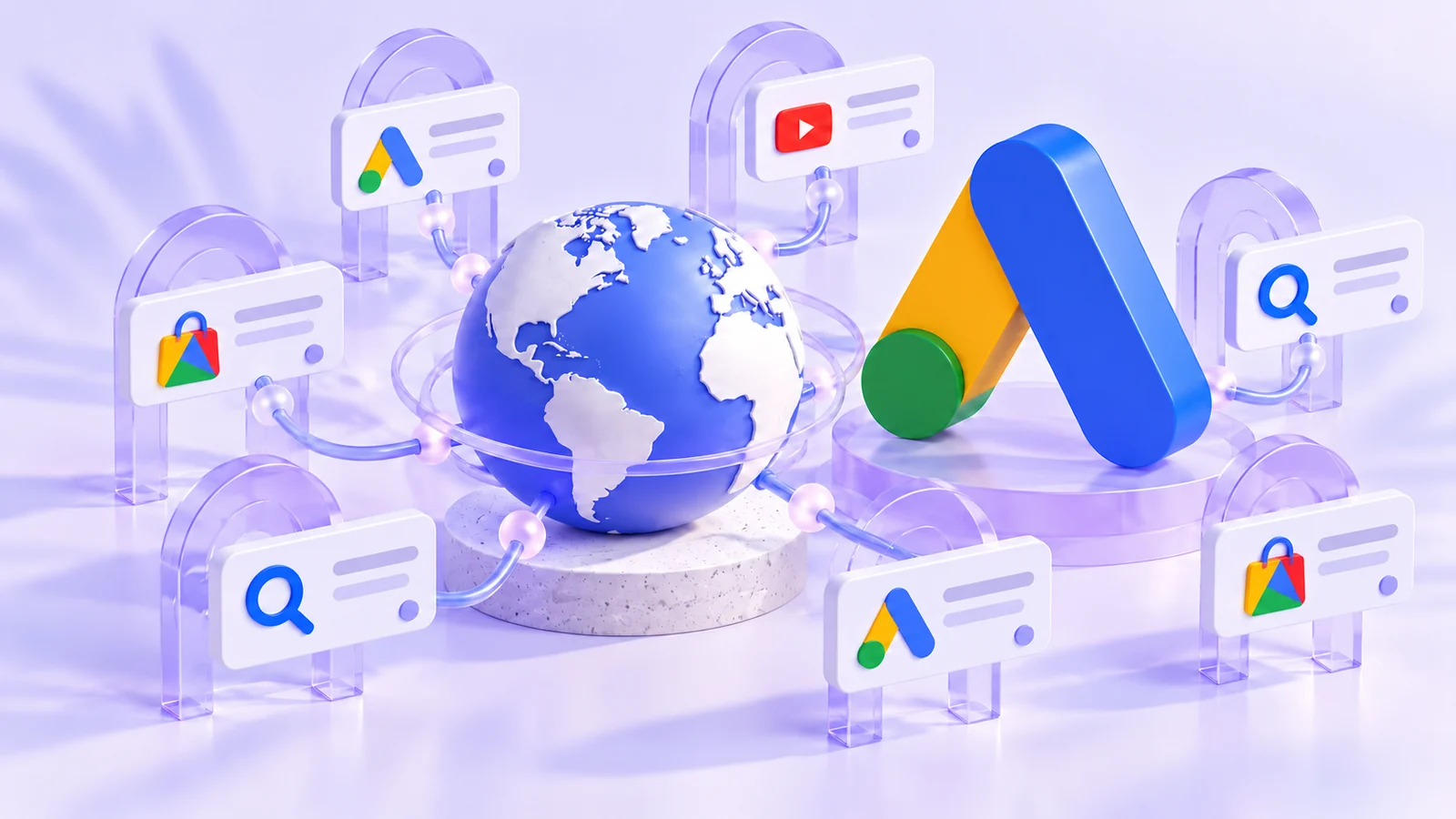 Google Ads 標誌、地球及互相連接的帳戶卡片