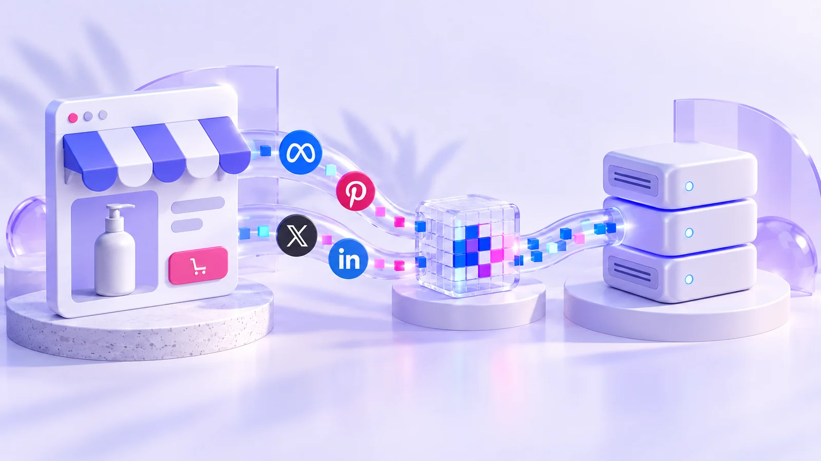 Boutique en ligne, capteur Pixel et serveur reliés par des flux de suivi