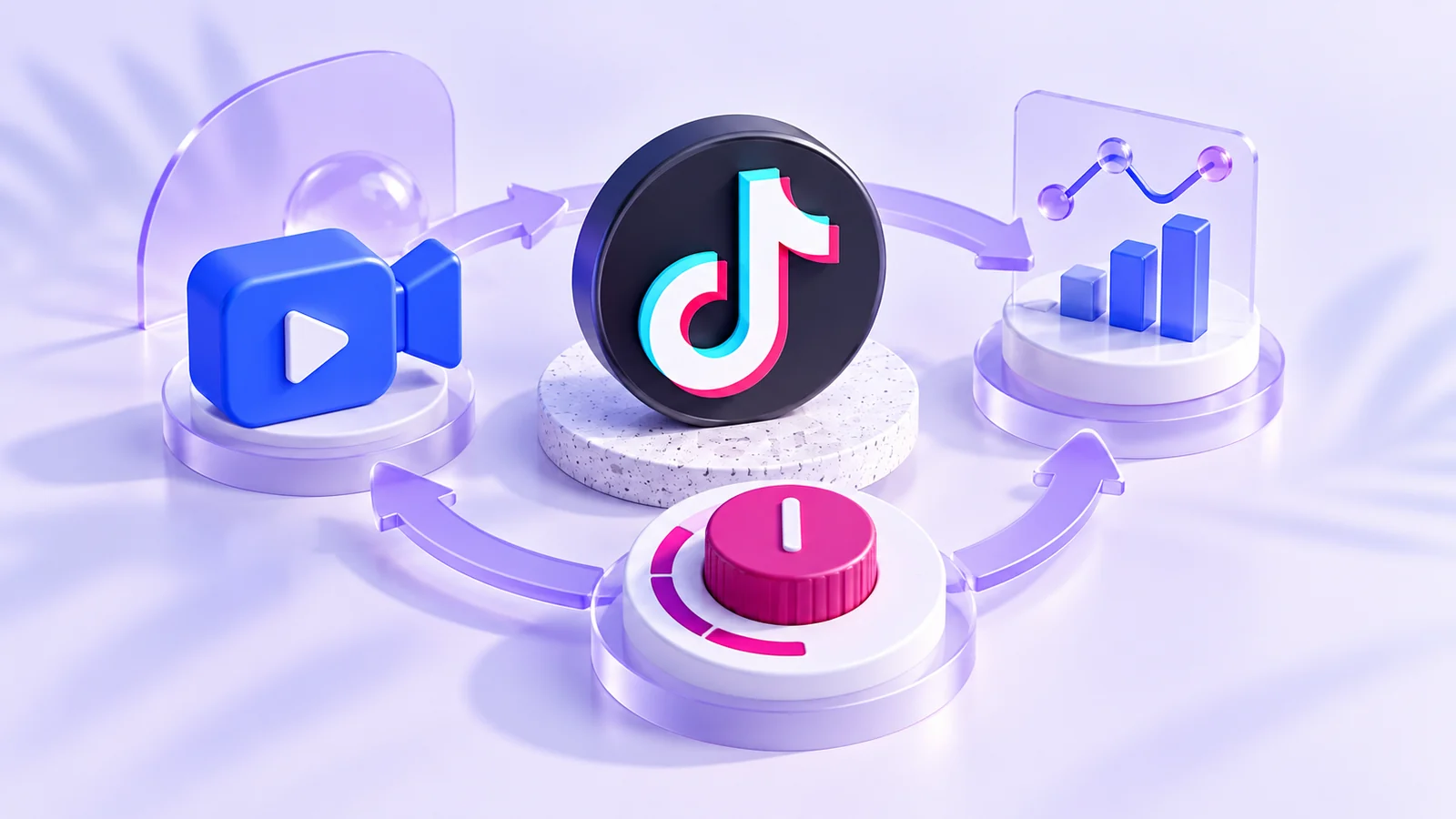 Symbole TikTok et cycle reliant production vidéo, mesure et achat média