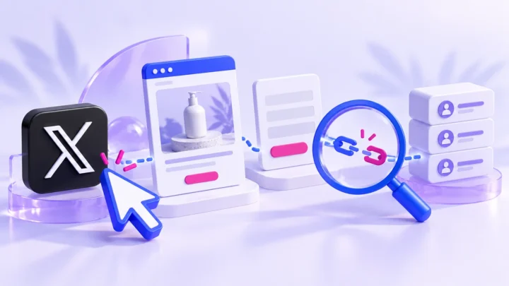 Symbole X et parcours du clic au formulaire puis au CRM, avec une rupture sous la loupe